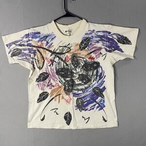 Vintage 90s Jacques Moret Abstract Art Floral Leaf All Over Print T Shirt OS